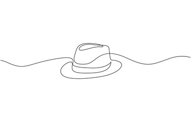 Continuous single drawn one line men hat, one line drawing of cowboy hat, Vector continuous one line drawing of panama hat simple line art vector illustration.