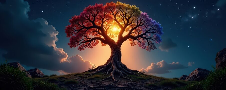 Intertwined light and dark, Yggdrasil roots and branches , art, tree of life