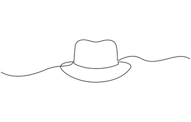 Continuous single drawn one line men hat, one line drawing of cowboy hat, Vector continuous one line drawing of panama hat simple line art vector illustration.