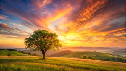 Fototapeta premium Serene Sunset Landscape Solitary Tree in Rolling Hills Bathed in Golden Hour Light
