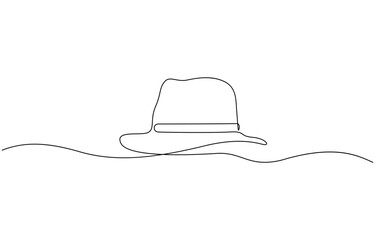 Continuous single drawn one line men hat, one line drawing of cowboy hat, Vector continuous one line drawing of panama hat simple line art vector illustration.