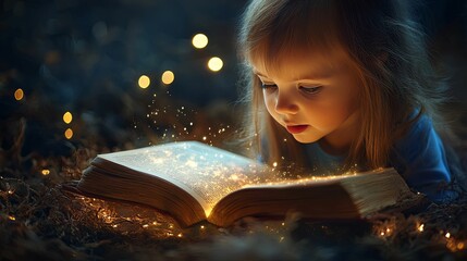 A young girl is captivated by a magical book.