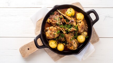 Spain lunch cuisine conejo al ajillo garlic rabbit stew potatoes and herbs traditional rustic dish served in cast iron pan top down view on white farmhouse table background