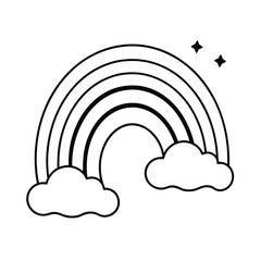 Minimalist Line Art Rainbow With Clouds And Stars Illustration On White Background
