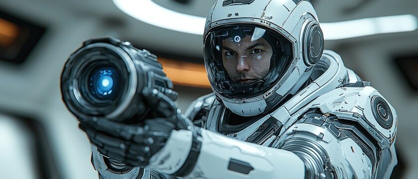 Astronaut in spacesuit aiming a futuristic weapon inside a spacecraft or station.