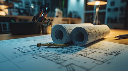 Rolled architectural blueprints rest on a wooden table.