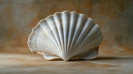 Obraz premium A scallop shell rests elegantly on a textured backdrop.