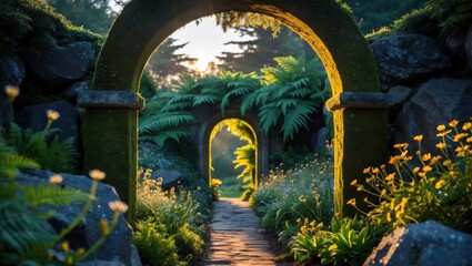 Walking Path Through Stone Arches at Sunset in a Green Garden