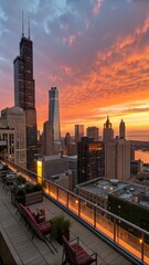 Naklejka premium Chicago Skyline at Sunset from Rooftop Terrace