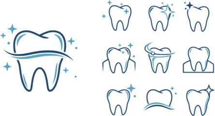 Tooth line icon set. Dental clinic logo. Clean teeth. Vector EPS 