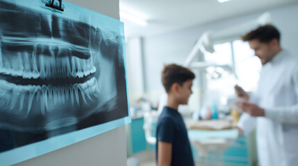 Close up of dental office setup with x ray film displayed, showcasing young patient and dentist in professional environment