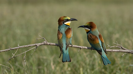 Fototapeta premium Bee-eaters (Merops apiaster), two birds on a branch, one bird landing with spreaded wings, Burgenland, Austria, 