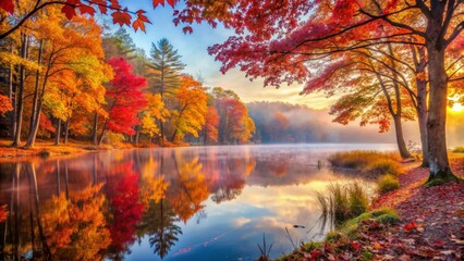 Autumnal Serenity A Misty Dawn Reflecting Vibrant Fall Foliage on a Tranquil Lake