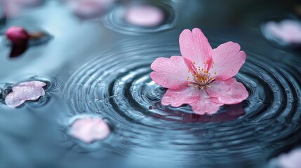 Delicate Pink Flower Floating on Water with Gentle Ripples