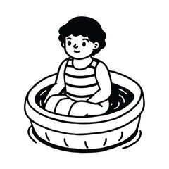 Cute Cartoon Boy Relaxing In An Inflatable Pool Line Art Illustration