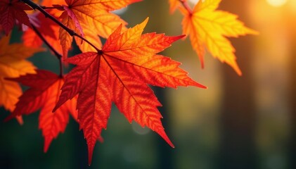 Vibrant red, orange, yellow maple leaves cluster on a branch , maple, red leaves