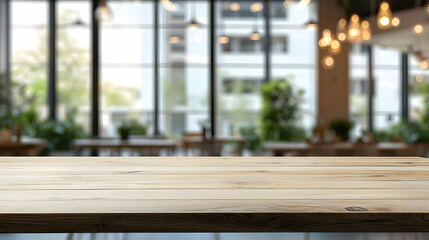 Empty Light Brown Wooden Table In Modern Cafe