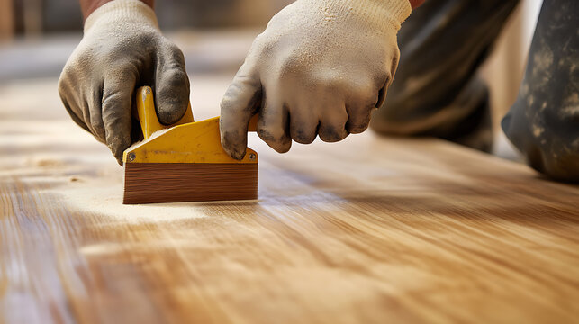 Carpenter sanding wooden surface for finishing. Featuring care and craftsmanship - Powered by Adobe