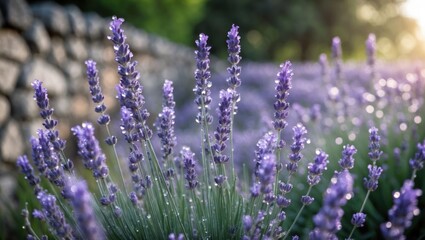 Obraz premium Blooming Lavender Field with Water Droplets Against a Stone Wall