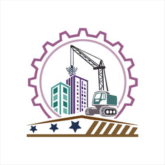 Naklejka premium Construction Site Logo with Crane, Buildings, and Gear Wheel Icon – Industrial Development Concept