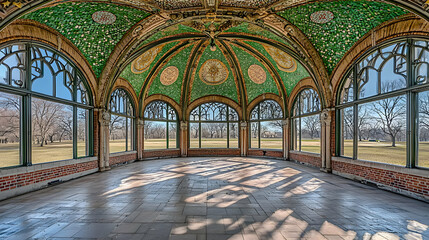 Obraz premium Abandoned Grand Hall Interior With Ornate Ceiling And Garden View