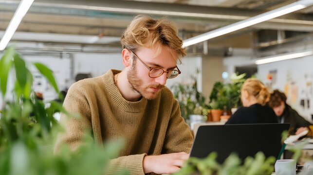Young professional works on a laptop in an office setting. Plants add a touch of nature to the modern workspace. Focus on work and productivity.