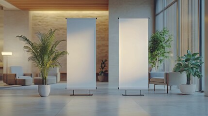 Fototapeta premium Empty vertical banners stand in a modern interior space.