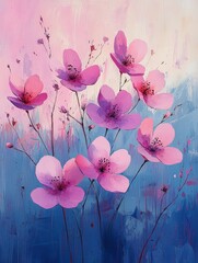 Pink and purple flowers with a blue and pink background painted in watercolor style.