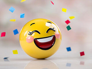 Joyful Emoji Bursting with Laughter Amidst Colorful Confetti Celebration Atmosphere of Festivity