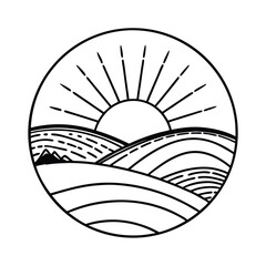 Minimalist Landscape With Sun Rising Over Hills In Circle Design Illustration