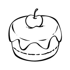 Black and White Line Art of Round Cake with Icing and Cherry on Top