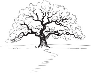 Black and white line art of a single tree with a wide canopy and detailed branches set in a minimalist landscape featuring a winding path and peaceful atmosphere