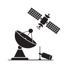 Wireless satellite technology set. Antenna, satelite and satellite dish icons. Vector Black silhouettes. with white background
