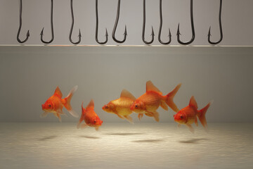 Four goldfish swim in a tank, beneath numerous fishing hooks, symbolizing vulnerability and hidden dangers, a concept of risk, deception, or temptation
