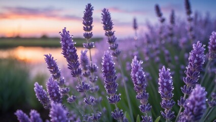 Lavender Flower Field with Water Droplets at Sunset Tranquil Landscape
