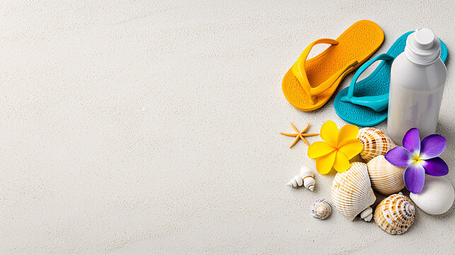 Seaside Vacation Accessories with Flip Flops Seashells and Sunscreen in Beach Sand