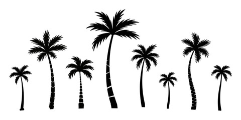 Palm trees silhouettes summer set. Palm trees isolated on white background, Palm tree silhouettes, black and white silhouette vector. Tropical palm tree, A black silhouette of a single palm tree.