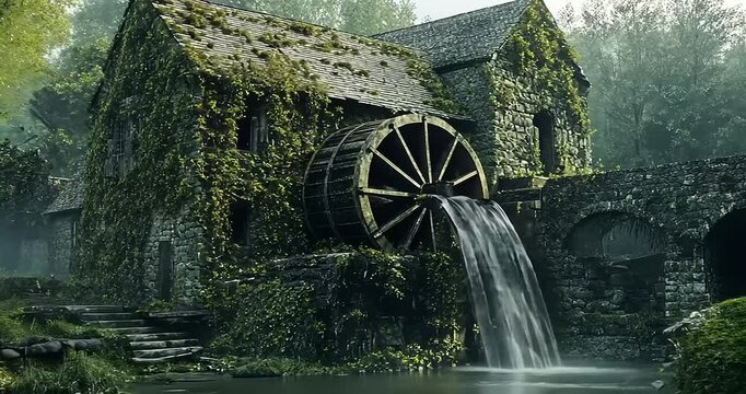Abandoned watermill surrounded by lush greenery and serene water flow