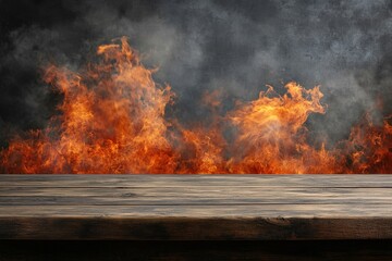 Fototapeta premium Fiery flames blaze above a rustic wooden table.