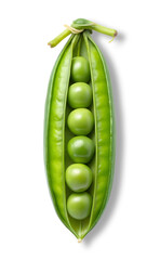 Perfectly aligned green peas in a bright green pod vegetable still life with transparent shadow on transparent background PNG