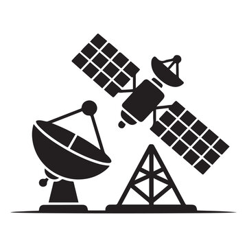 Wireless satellite technology set. Antenna, satelite and satellite dish icons. Vector Black silhouettes. with white background