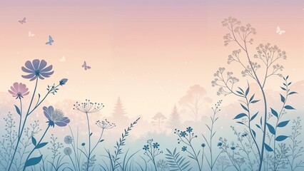 Floral silhouette with butterflies against a pastel sky  