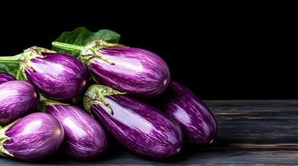 Purple Eggplants Cluster On Dark Wooden Surface