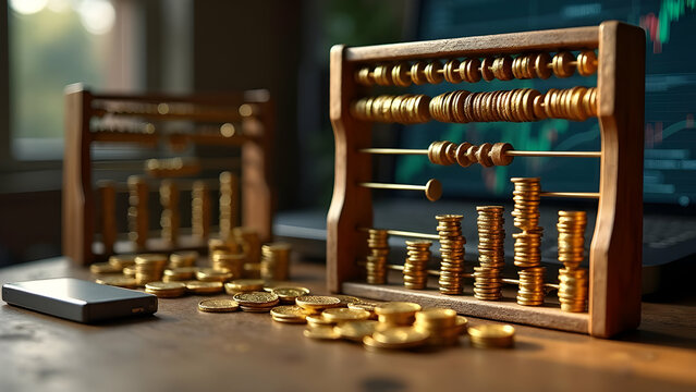 Calculating Prosperity Through Ages: Abacus Coin Frames Beside Modern Trading Algorithms