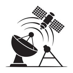 Wireless satellite technology set. Antenna, satelite and satellite dish icons. Vector Black silhouettes. with white background