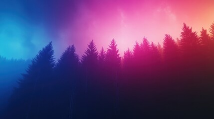 Fototapeta premium A vibrant forest silhouette against a colorful gradient sky, blending hues of blue, purple, and pink, creating a serene and mystical atmosphere.