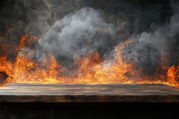 Fototapeta premium Fiery wooden surface against a backdrop of intense flames and smoke.