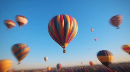 Obraz premium Colorful hot air balloons soaring in clear blue sky during festival