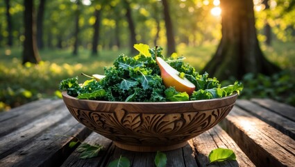 Serving of Fresh Kale Salad with Pear Slice in Wooden Bowl