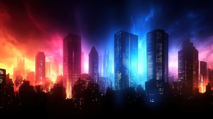 Fototapeta premium A vibrant city skyline illuminated with colorful lights, showcasing tall buildings against a dramatic background.